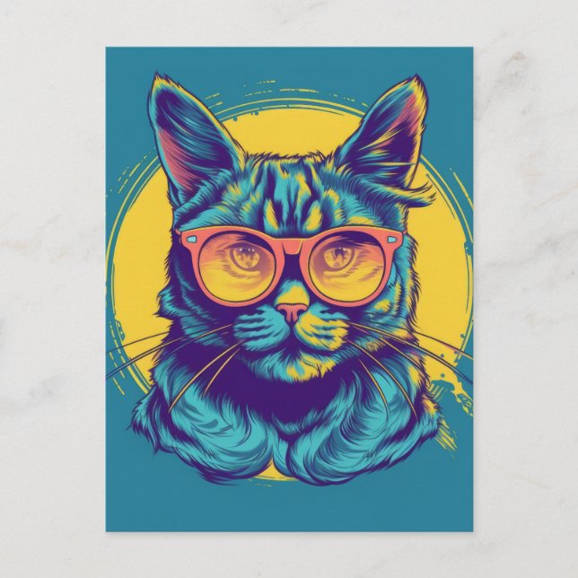 Blaue Katze mit orangefarbener Brille Postkarte (Vorderseite)
