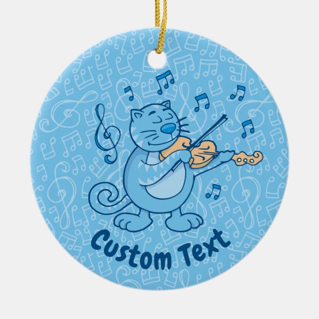 Blaue Katze mit Violine Keramik Ornament (Vorne)