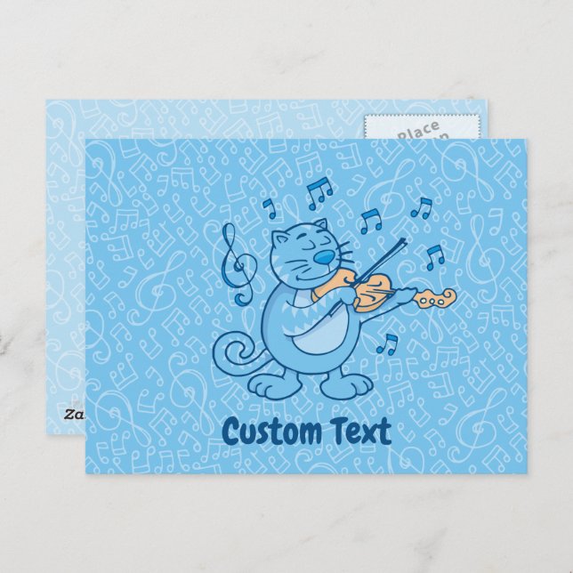 Blaue Katze mit Violine Postkarte (Vorne/Hinten)