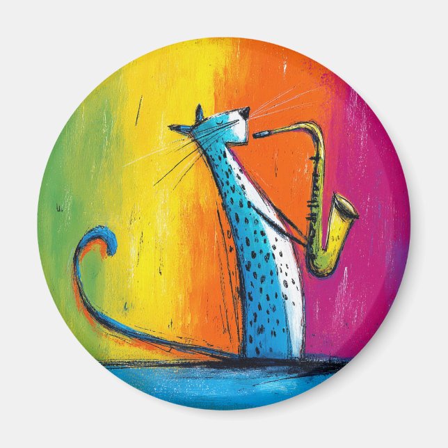 Blaue Katze spielt Saxophon Magnet (Vorne)