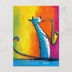 Blaue Katze spielt Saxophon Postkarte