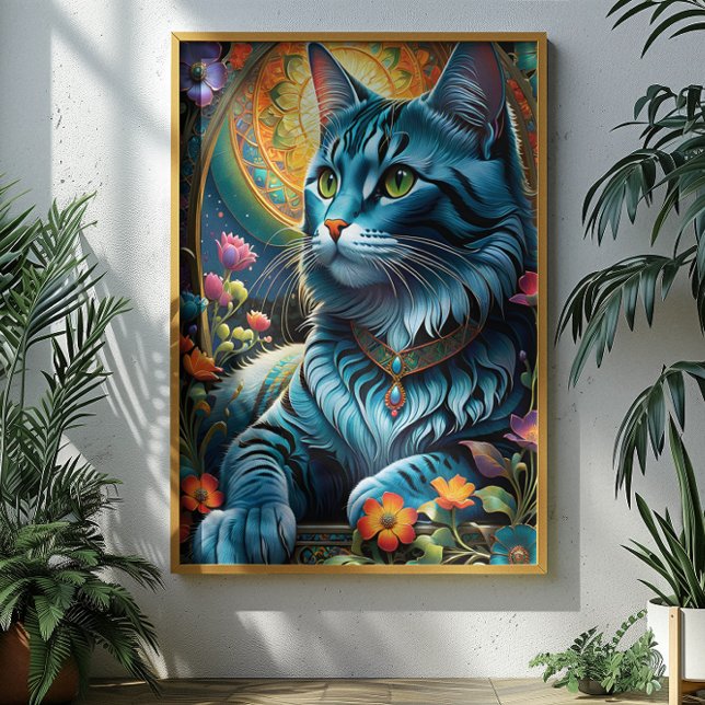 Blaue Katze und Blütenoase Poster (Von Creator hochgeladen)