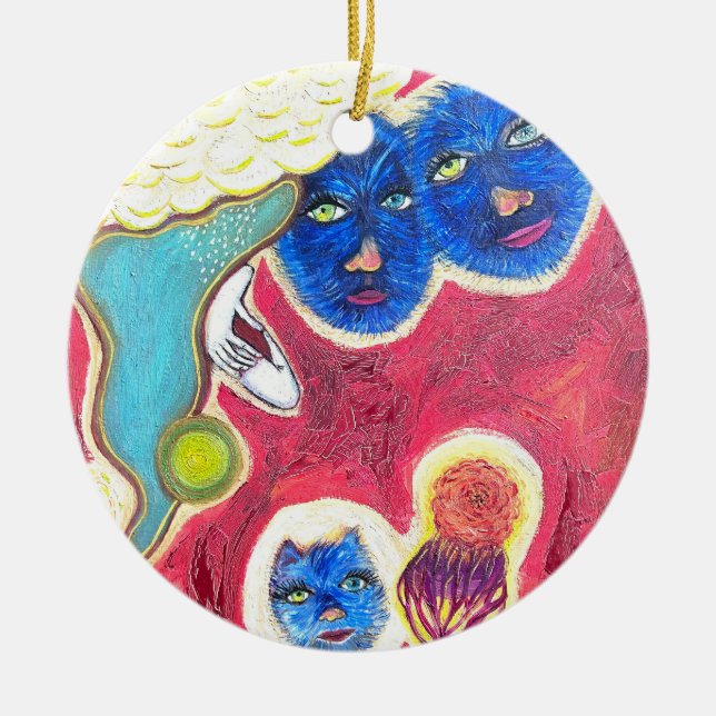blaue Katzen Keramik Ornament (Vorne)