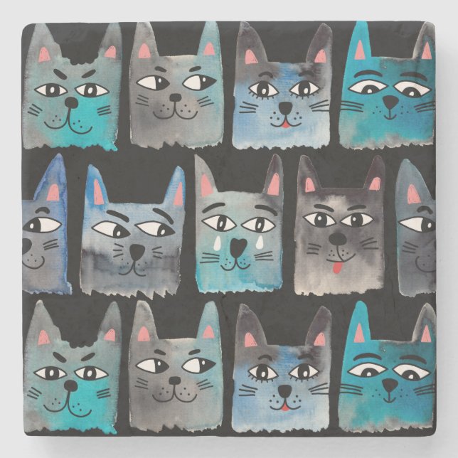 Blaue Katzen Steinuntersetzer (Vorderseite)