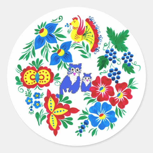 Blaue Katzen, Volkskunst Runder Aufkleber (Vorderseite)