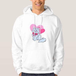 Blaue Kawaii-Katze mit rosa Schleife und Herzen Hoodie