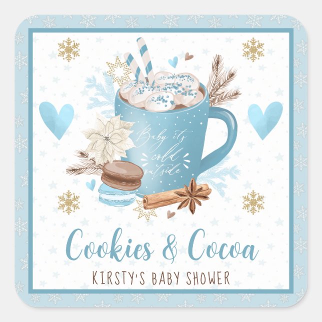 Blaue Kekse und Kakao-Babydusche Quadratischer Aufkleber (Vorderseite)