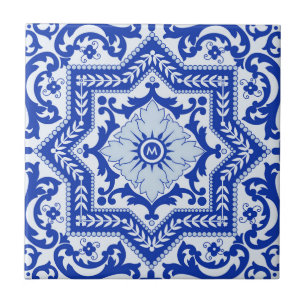 Blaue Keramik im Azulejo-Stil Vintage-Monogramm Fliese