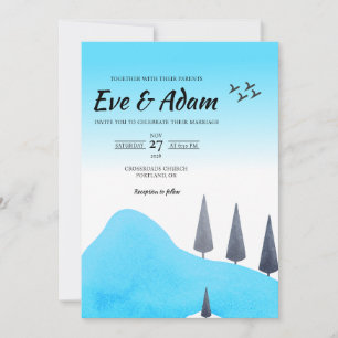 Blaue Kiefer-Schnee-Aquarell-Winterhochzeit Einladung