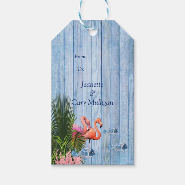 Blaue Kies, rosa Flamingos und Fische Geschenkanhänger (Vorderseite)