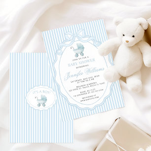 Blaue Kinderwagen-Babykutsche-Schleife Preppy-Jung Einladung
