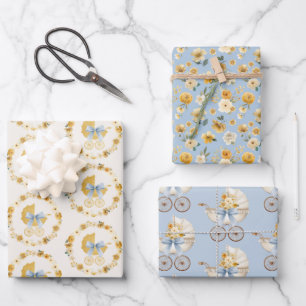 Blaue Kinderwagen-Blumen-Geschenkverpackung für Ba Geschenkpapier Set