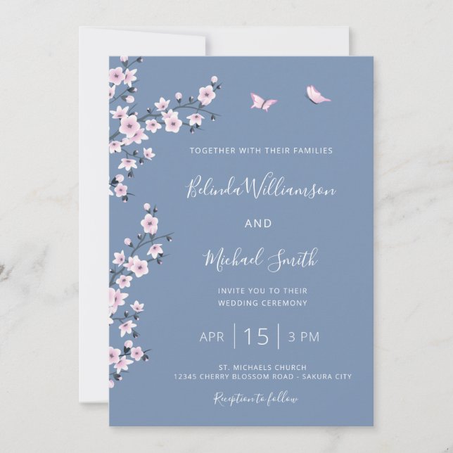 Blaue Kirschblüten-Hochzeit Einladung (Vorderseite)