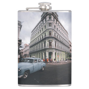 Blaue klassische Oldtimer-Stadtlandschaft Flachmann