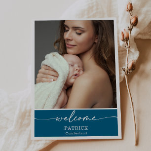 Blaue klassische Willkommens-Baby-Foto-Ankündigung Einladung