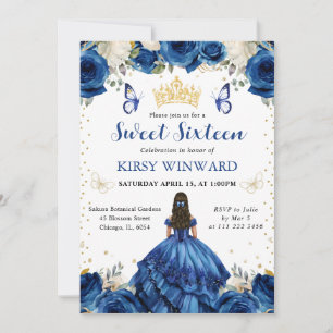 Blaue Kleid Brünette Prinzessin Sweet 16 Einladung