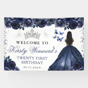 Blaue Kleid Dunkle Haut Prinzessin Floral Geburtst Banner