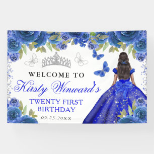 Blaue Kleid Dunkle Haut Prinzessin Floral Geburtst Banner