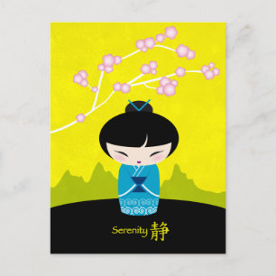 Blaue Kokeshi-Postkarte Postkarte