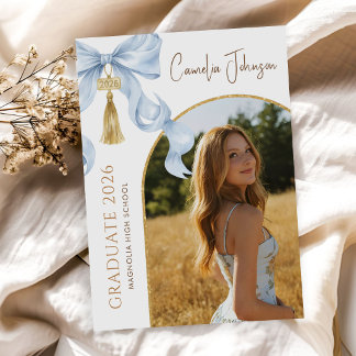 Blaue Koketten-Schleife Foto 2026 Abschlussfeier Einladung