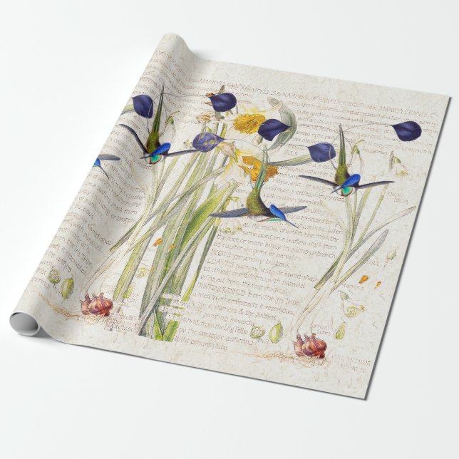 Blaue Kolibri-Narzissen-Narzissen-Blumen Geschenkpapier (Ungerollt)