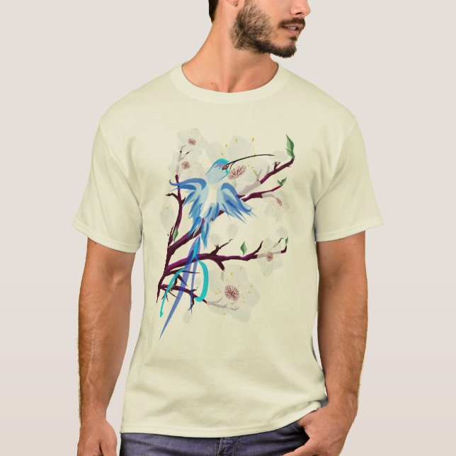 Blaue Kolibri-und Kirschblüten T-Shirt (Vorderseite)