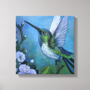 Blaue Kolibri-Wandkunst weiche Blumen Color Pop Leinwanddruck
