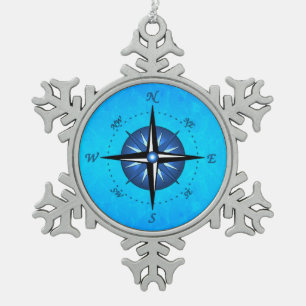 Blaue Kompassrose Schneeflocken Zinn-Ornament