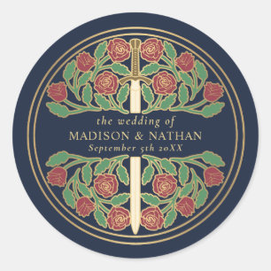 Blaue königliche mittelalterliche Schwert-Hochzeit Runder Aufkleber