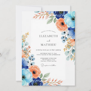 Blaue Korallen-Blumen Hochzeit Romantik Einladung