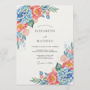 Blaue Korallen-Blumen-Whimsy-Hochzeit Einladung