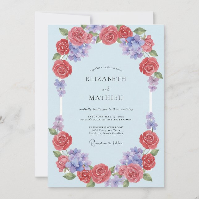 Blaue Korallen-Blumenbogen-Hochzeit Einladung (Vorderseite)