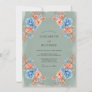 Blaue Korallen-Blumenstrauß-Hochzeit Einladung