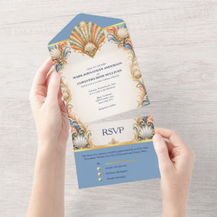 Blaue Korallen-Muschel-Hochzeitskarte Küstenluxus All In One Einladung