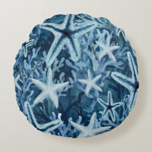Blaue Korallen-Seestern-Strandmuster Rundes Kissen