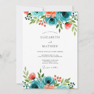Blaue Korallen strahlende botanische Hochzeit Einladung