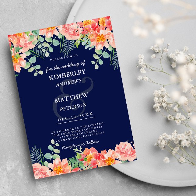 Blaue Korallenblume, rosa botanische Hochzeit Einladung (Watercolor navy blue coral pink botanical Wedding )