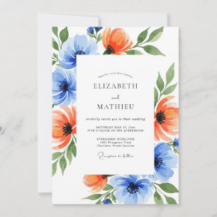 Blaue Korallenmalerei-Blütenhochzeit Einladung