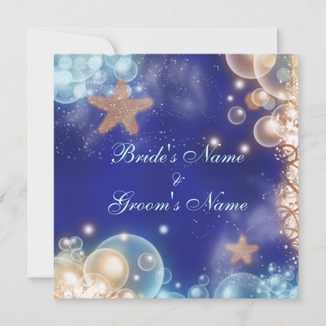 Blaue korallenrote Hochzeit des Starfishstrandes Einladung (Vorderseite)