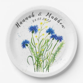 Blaue Kornblumen Blumen Aquarell hübsch Hochzeit Pappteller
