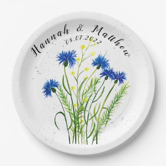 Blaue Kornblumen Blumen Aquarell hübsch Hochzeit Pappteller (Vorderseite)