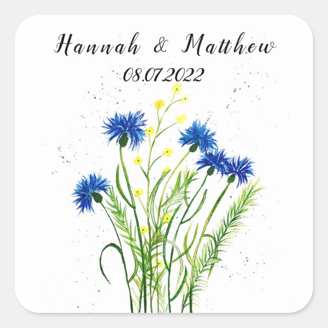 Blaue Kornblumen Blumen Aquarell hübsch Hochzeit Quadratischer Aufkleber (Vorderseite)