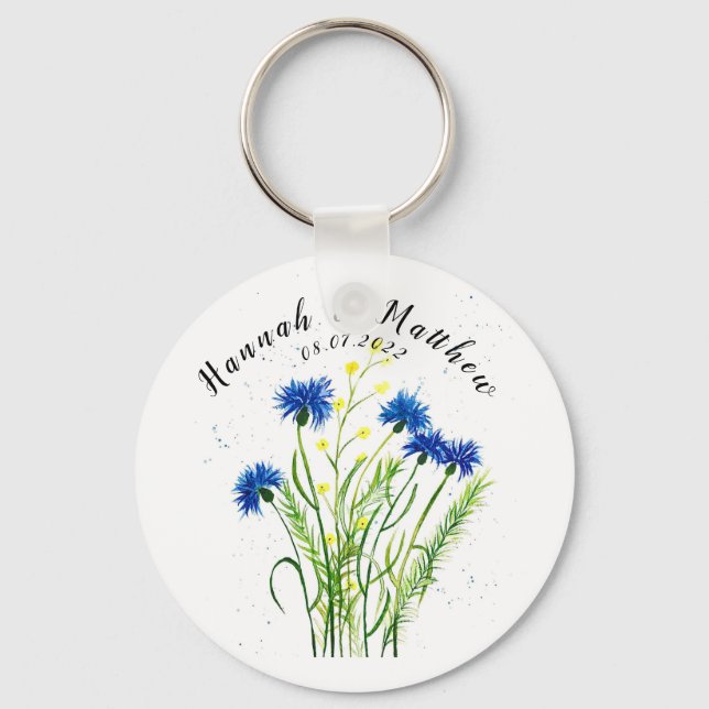 Blaue Kornblumen Blumen Aquarell hübsch Hochzeit Schlüsselanhänger (Vorderseite)