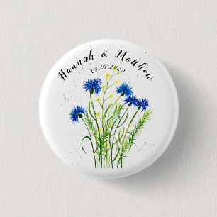 Blaue Kornblumen Blumen Aquarell hübsche Hochzeit Button