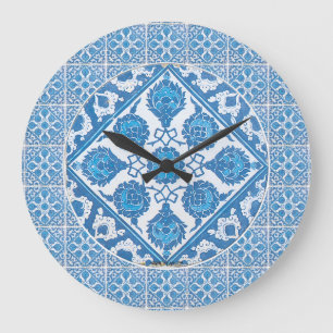 Blaue Kornblumen Faux-Delfter Fliesenuhr Große Wanduhr