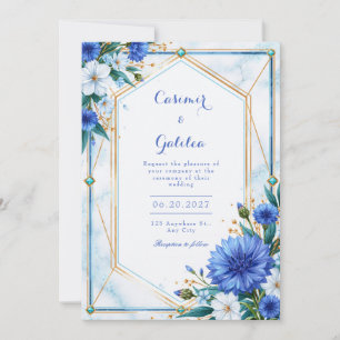 Blaue Kornblumen-Geometrische-Rand-Hochzeit Einladung