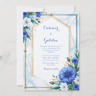 Blaue Kornblumen-Geometrische-Rand-Hochzeit Einladung