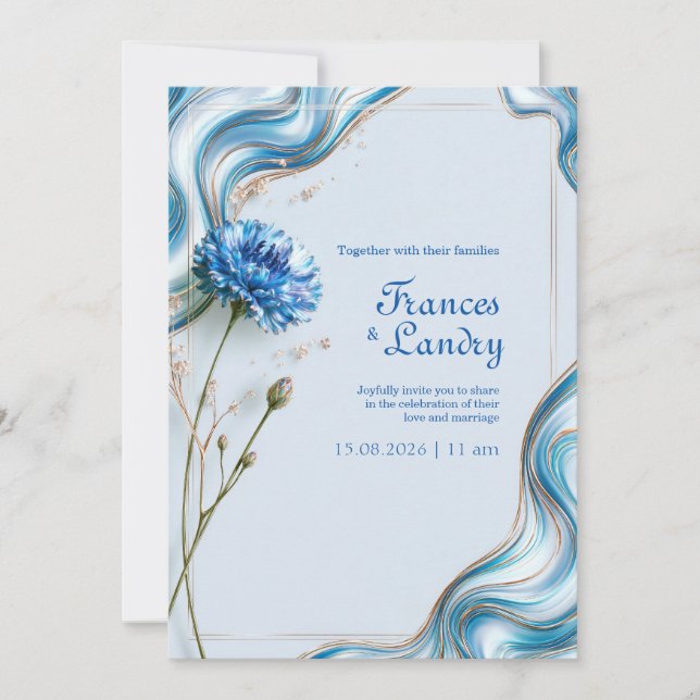 Blaue Kornblumen-Marmor-Rand-Hochzeit Einladung (Vorderseite)