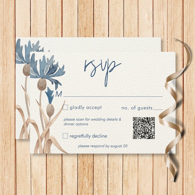 Blaue Kornblumen und Weizenfeld Moderner QR-Code RSVP Karte (Blue Cornflowers & Wheat Field Modern QR Code RSVP Card)