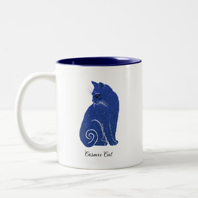Blaue kosmische Katze Zweifarbige Tasse (Links)